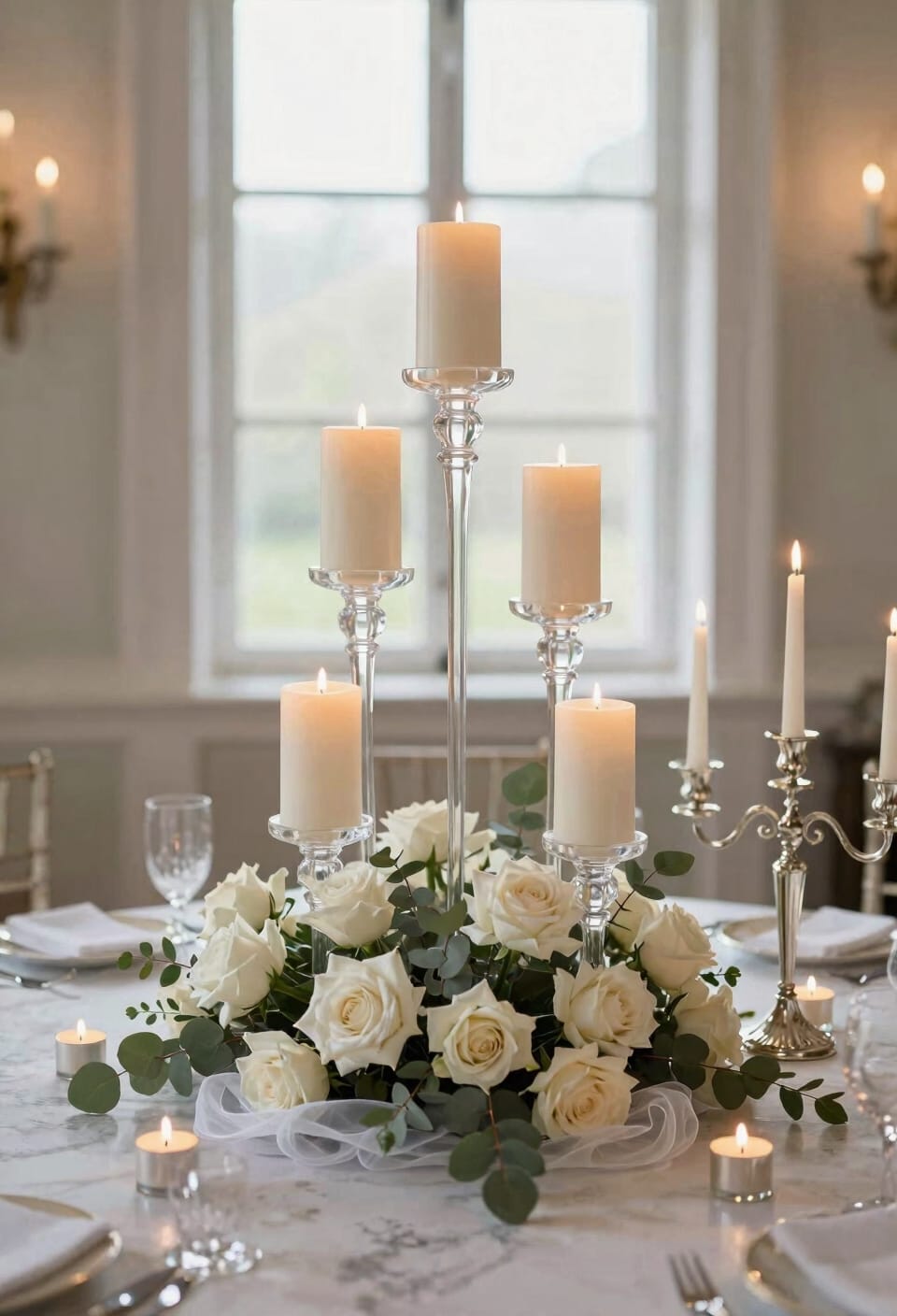 candelabras wreaths greenery votives