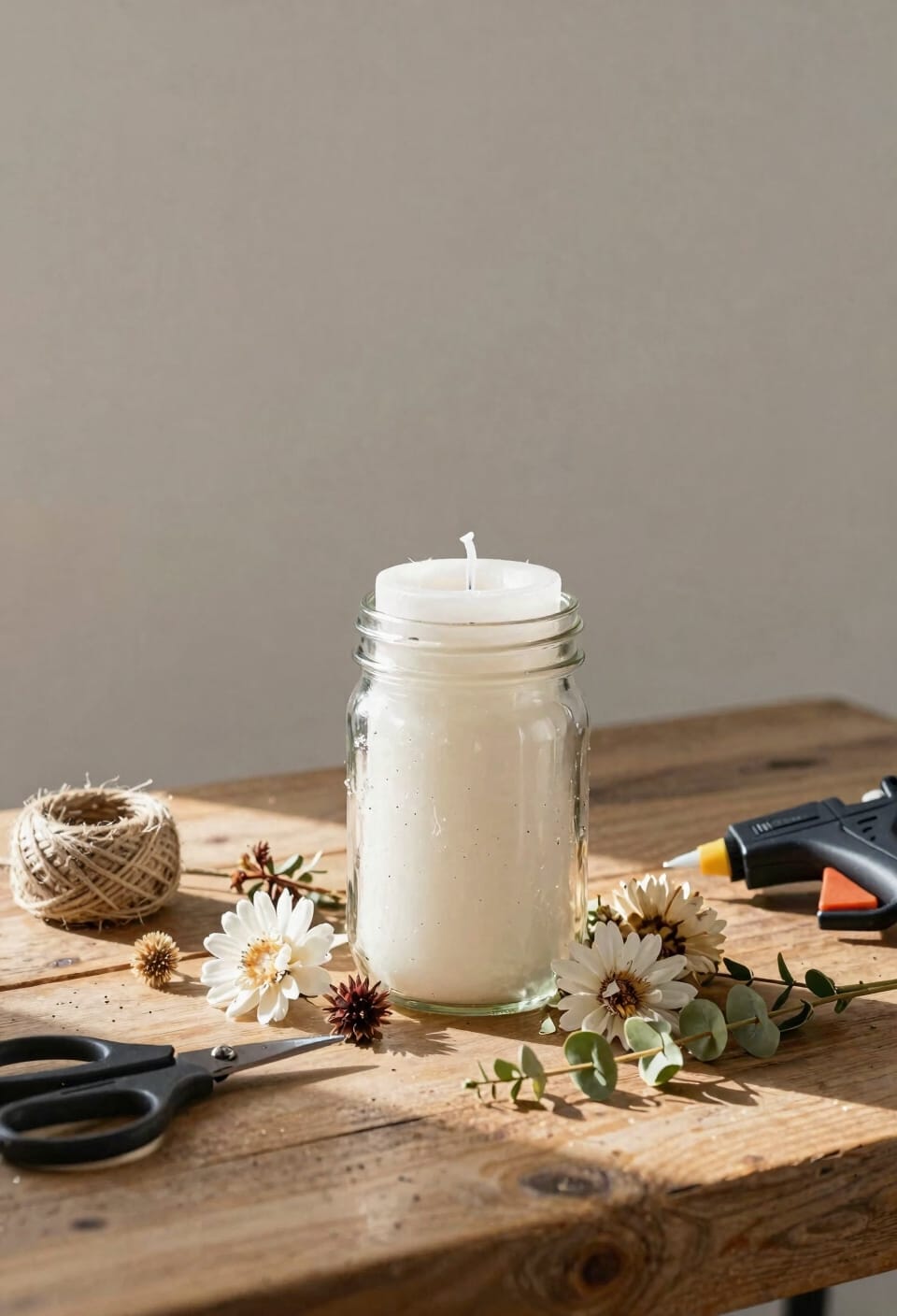 candles greenery pebbles glass