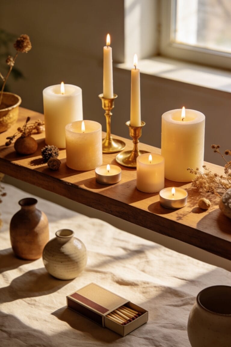 candles styled on shelf