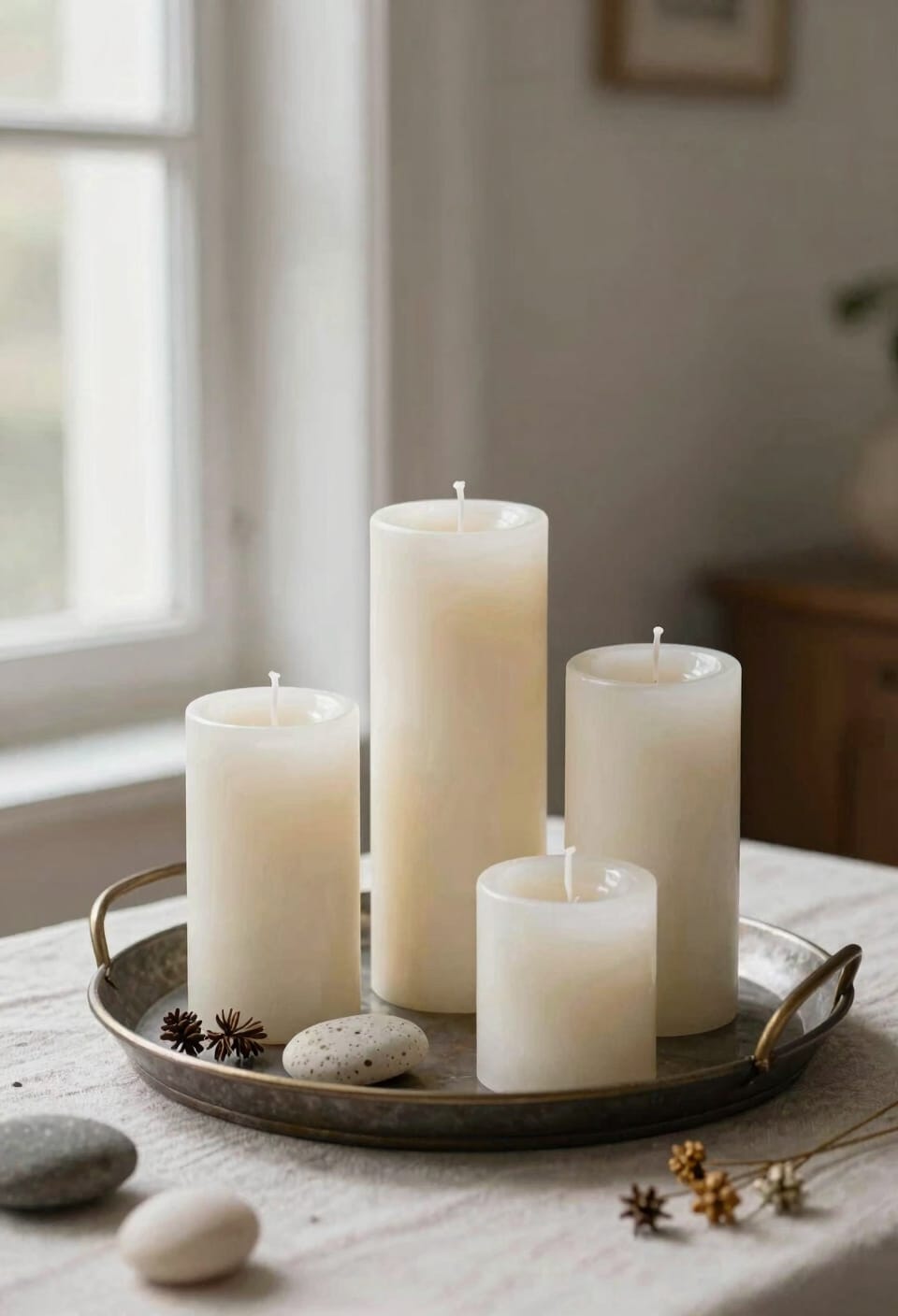 varying height layered candle arrangement